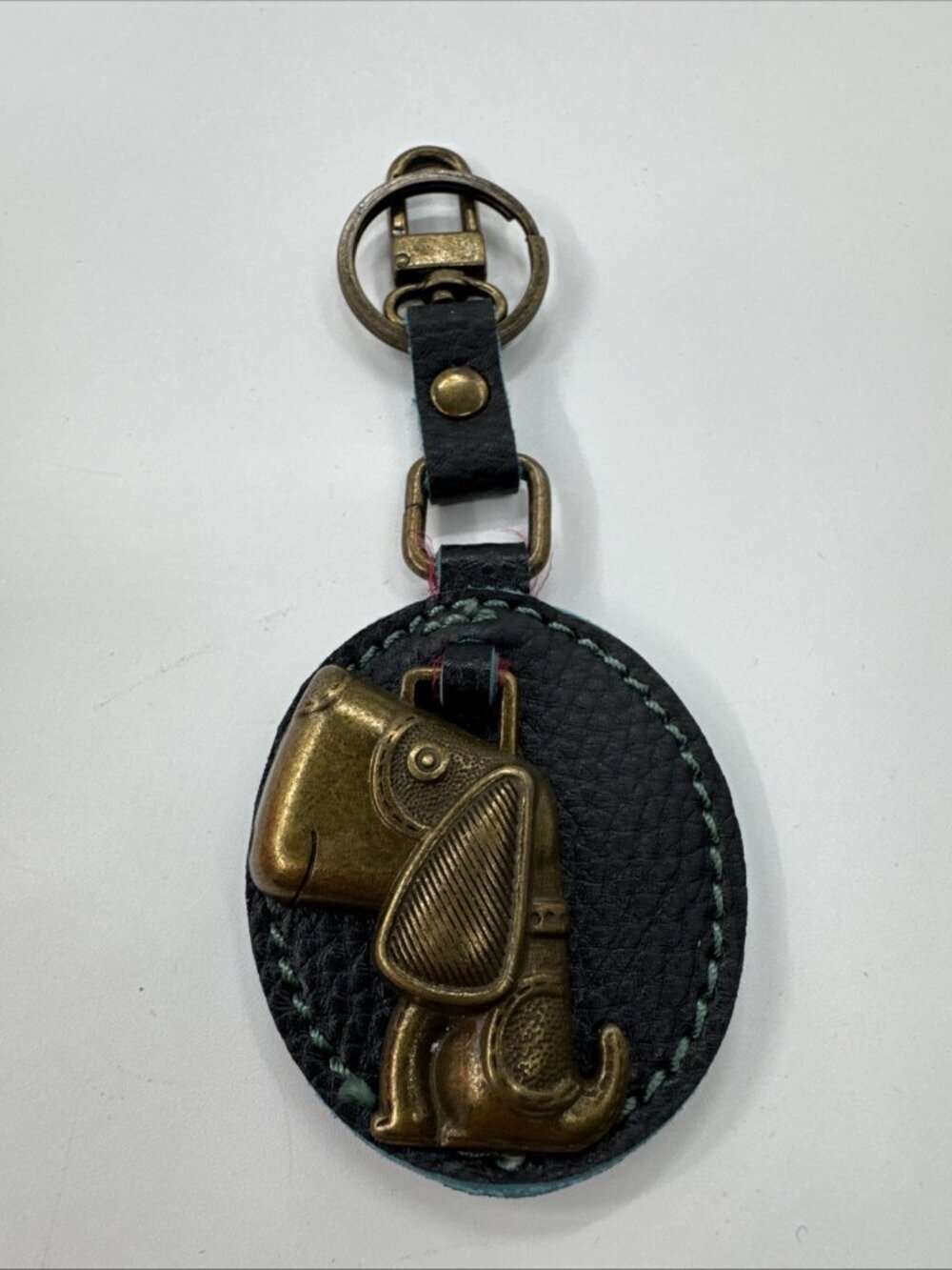 Chala Dachshund Dog Key Chain Brass Pebbled Leather Fob Charm Clip Accessory